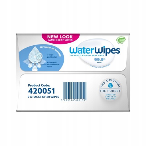 Chusteczki nawilżane 99,9% wody WaterWipes BIO 9x60 dla dzieci