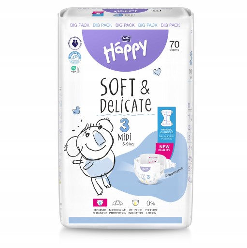 HAPPY PIELUSZKI 3 MIDI 5-9KG 70 SZT. ZAPAS NA MIESIĄC