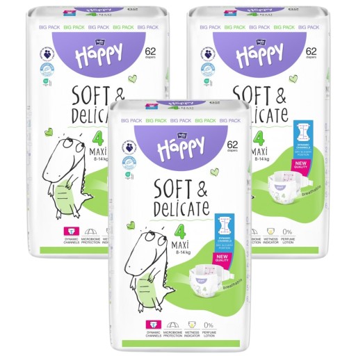HAPPY PIELUSZKI 4 MAXI 8-14 KG 62 SZT. ZAPAS NA MIESIĄC